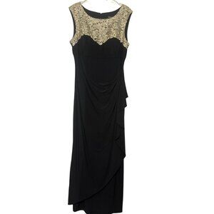 Elegant SL Fashions Black Maxi Dress With Gold Embellished Lace Bodice & Draped